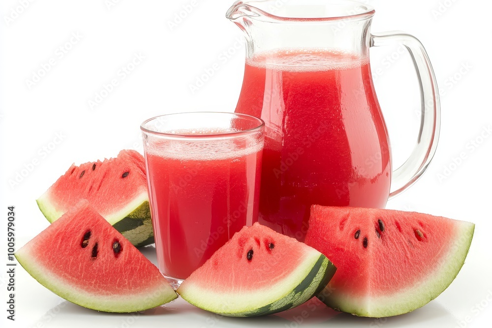 Refreshing watermelon juice flowing from a pitcher into a cup with fresh watermelon chunks nearby