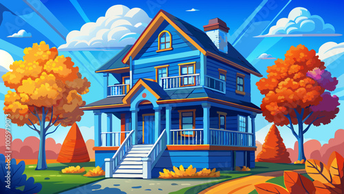 A two-story blue wooden house with a porch and stairs, surrounded by colorful autumn trees and a bright blue sky with fluffy white clouds