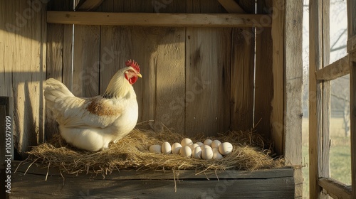 A hen resting in a wooden coop beside a nest of eggs on straw. photo