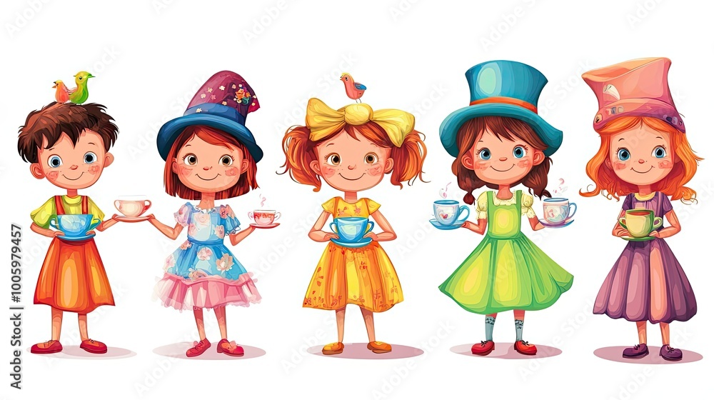 Five Cartoon Children Holding Teacups and Saucers Five Cartoon Children Holding Teacups and Saucers