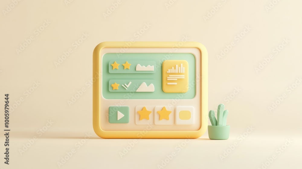A 3D illustration of a user interface with stars, graphs, and a plant. A 3D illustration of a user interface with stars, graphs, and a plant.