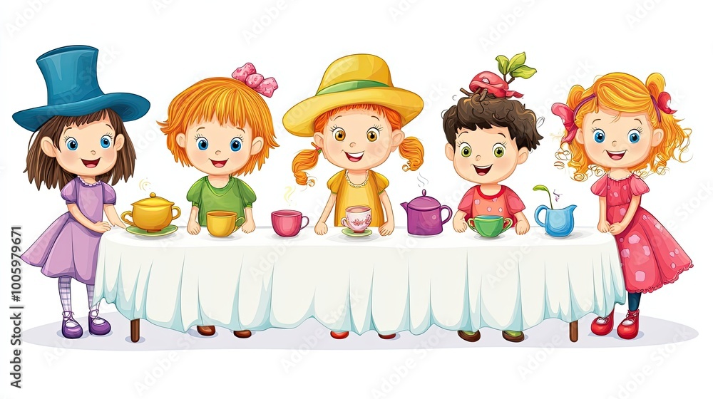 Five Cartoon Children Having Tea Party with Teacups and Teapots Five Cartoon Children Having Tea Party with Teacups and Teapots