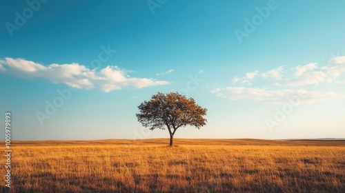 A lone tree standing in the middle of a vast, empty plain, surrounded by dry grasses and under a wide, expansive sky.