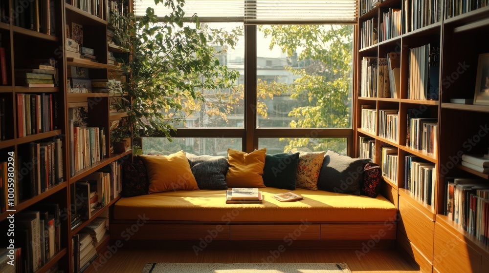 Cozy reading nook with bookshelves, natural light, and a comfortable seating area. Cozy reading nook with bookshelves, natural light, and a comfortable seating area.