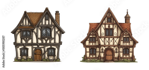 Charming vector illustrations of medieval-style houses, featuring detailed timber-framed architecture and rustic design elements. Generative AI.