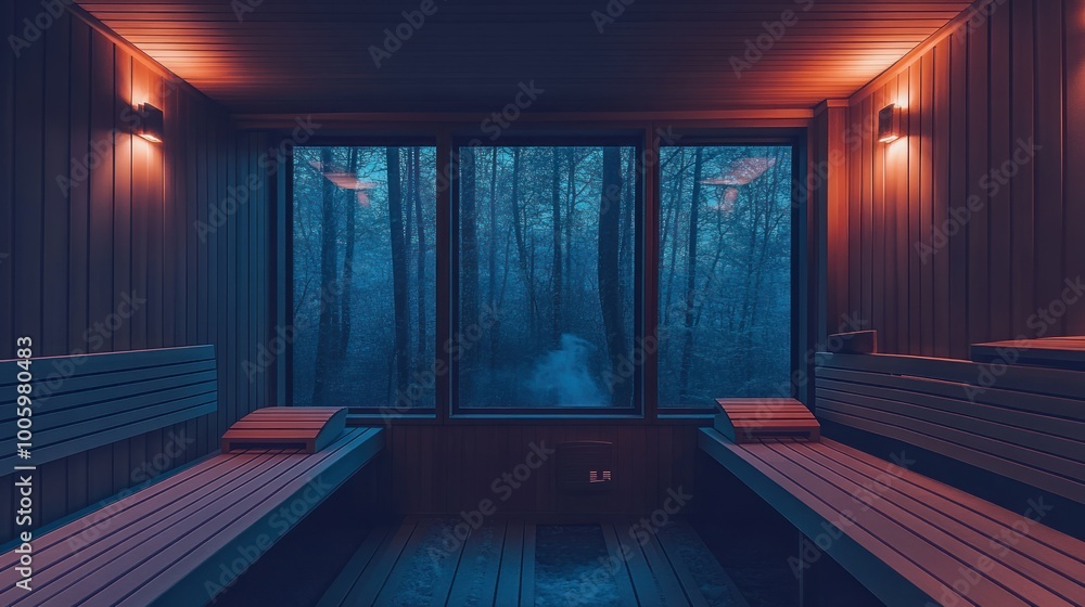 A tranquil sauna interior with large windows overlooking a misty forest. A tranquil sauna interior with large windows overlooking a misty forest.
