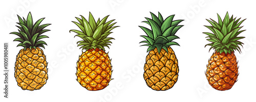 Vector illustration of four pineapples with varying colors and detailed green crowns, isolated on a white background. Generative AI.