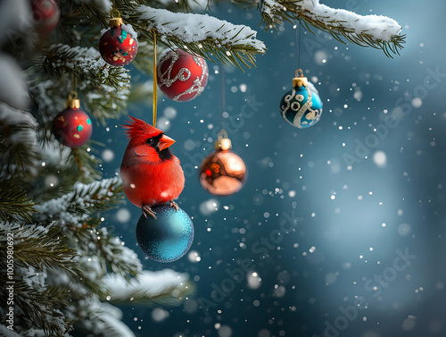 Festive Red Cardinal Hanging from Christmas Ornament