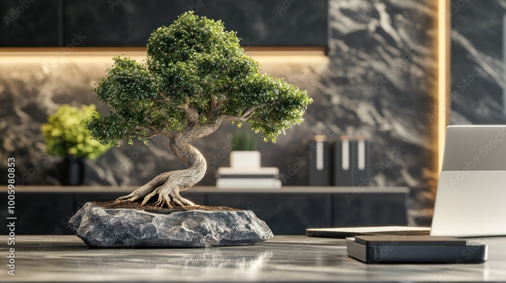 A bonsai tree displayed on a rock in a modern office setting. A bonsai tree displayed on a rock in a modern office setting.