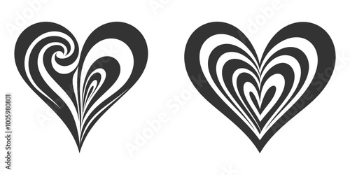 Vector illustration of two black and white optical illusion hearts with swirling designs. Suitable for abstract, love, or psychedelic-themed projects. Generative AI.