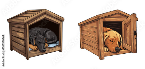 Vector illustration of two dogs sleeping peacefully in their wooden kennels. Suitable for pet, home, or animal care-related projects. Generative AI.