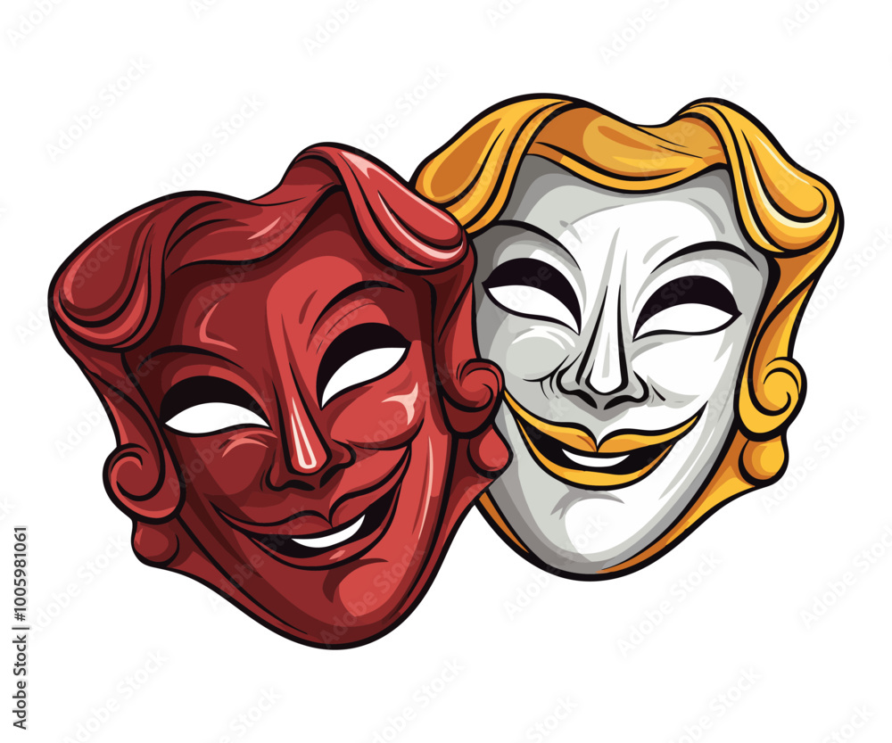 Vector illustration of classic comedy and tragedy masks in vibrant colors, symbolizing theater and drama. Generative AI. Vector illustration of classic comedy and tragedy masks in vibrant colors, symbolizing theater and drama. Generative AI.