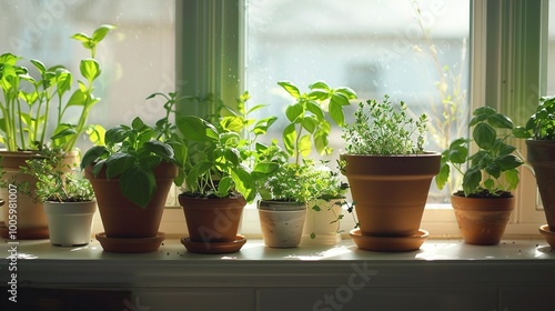 A collection of potted herbs arranged on a sunny windowsill