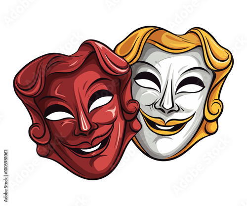 Vector illustration of classic comedy and tragedy masks in vibrant colors, symbolizing theater and drama. Generative AI.