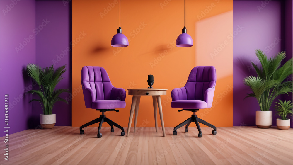 Bright podcast studio with purple chairs, wooden table, orange accent wall, and indoor plants. Perfect setting for creative interviews or content creation.
Bright podcast studio with purple chairs, wooden table, orange accent wall, and indoor plants. Perfect setting for creative interviews or content creation.