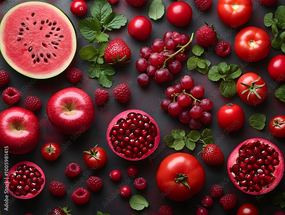 The image showcases a vibrant collection of red fruits and vegetables arranged in the shape of a heart against a dark background. The image showcases a vibrant collection of red fruits and vegetables arranged in the shape of a heart against a dark background.