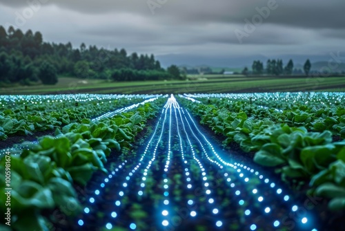 Illuminated rows of crops shine under moody skies in a vibrant farm landscape at dusk, showcasing modern agricultural innovation. Generative AI