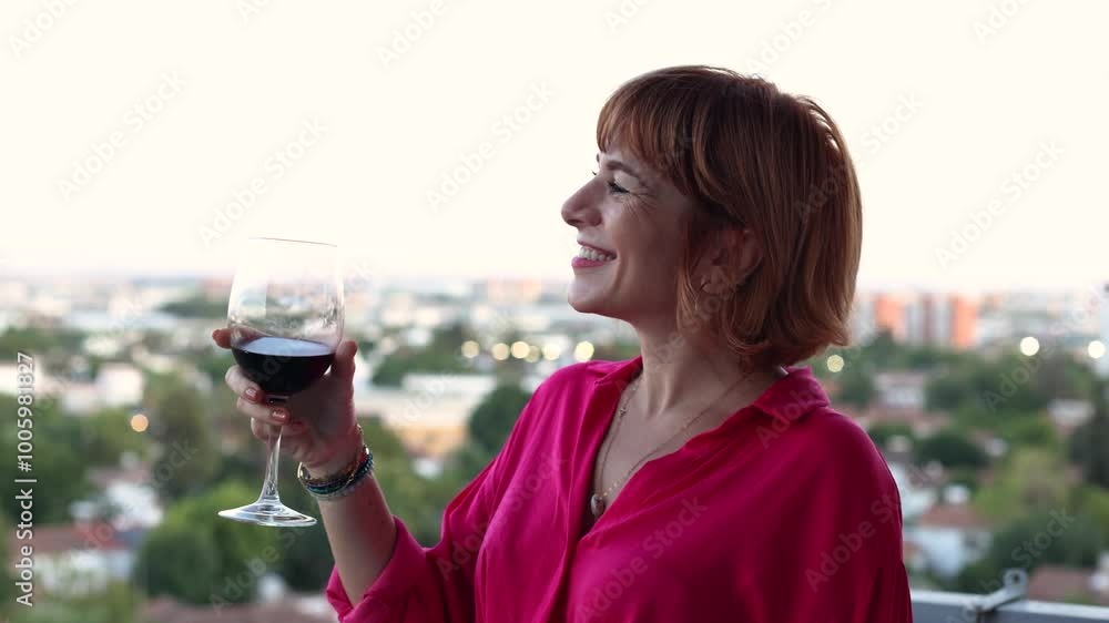 Young woman having a glass of wine at a rooftop terrace party, smiling and having a good time Young woman having a glass of wine at a rooftop terrace party, smiling and having a good time