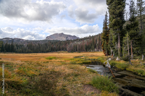 River flows toward mountain in lassen national park