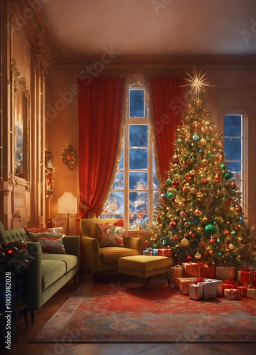 Ai Generated Christmas tree in cozy room with presents