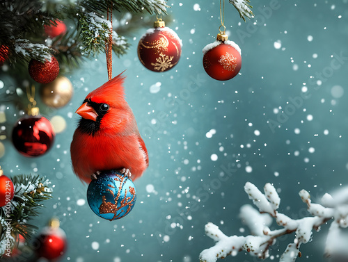 Festive Red Cardinal Hanging from Christmas Ornament
