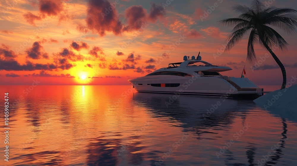 A luxury yacht anchored near a small island, with the sun setting on the horizon and the water reflecting warm orange and pink hues. A luxury yacht anchored near a small island, with the sun setting on the horizon and the water reflecting warm orange and pink hues.