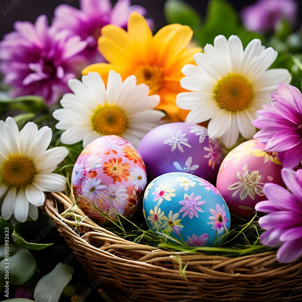 vibrant colored Easter eggs in a wicker basket vibrant colored Easter eggs in a wicker basket