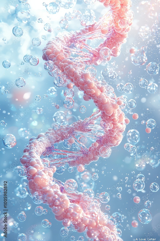 AI illustration of DNA helix floating in water surrounded by bubbles, showcasing genetic structure and biological beauty AI illustration of DNA helix floating in water surrounded by bubbles, showcasing genetic structure and biological beauty