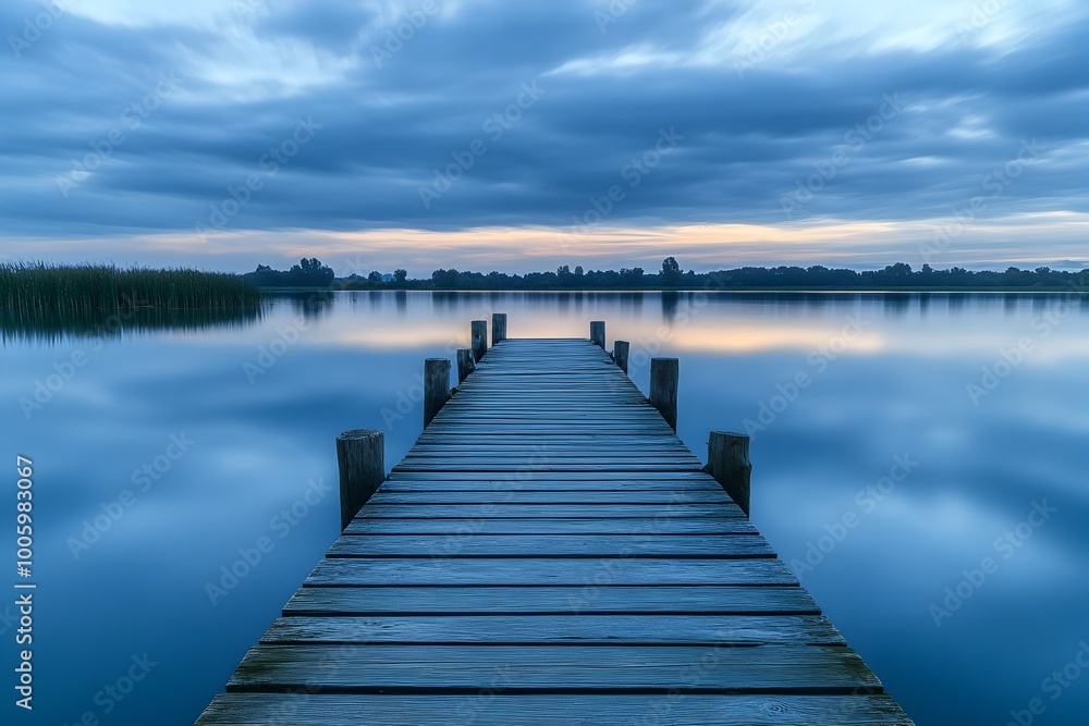 Fototapeta premium A tranquil lakeside landscape with a wooden jetty and a mirrored reflection of the soft pastel hued sky showcasing an atmospheric and soothing composition with a textured
