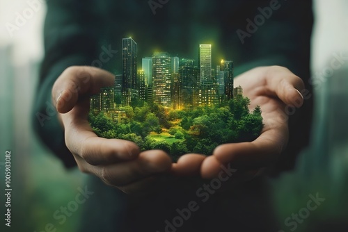 Wallpaper Mural Sustainable Smart City Concept with Holographic Skyline in Man s Hands Torontodigital.ca