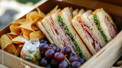 An open lunch box displaying a neatly arranged sandwich, cut into triangles, accompanied by grapes and a small bag of chips, highlighting the variety of food within. 