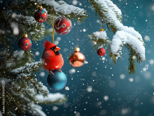 Festive Red Cardinal Hanging from Christmas Ornament