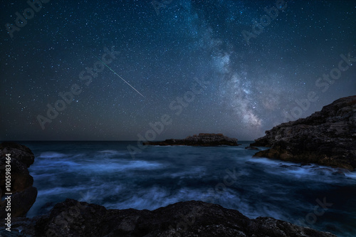 Milky Way over the sea..Long time exposure night landscape with Milky Way Galaxy during the Perseids flow above the Black sea, Bulgaria. photo