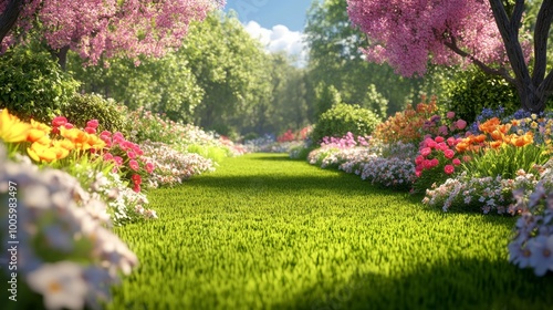 beautiful spring garden with flowers and lawn grass, 3D illustration,