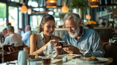 A man and a woman are sitting at a table in a restaurant