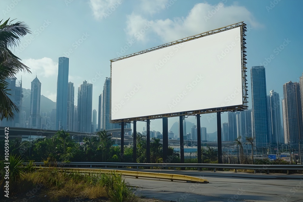Fototapeta premium Blank Outdoor Advertising Billboard Mock up in Urban City Landscape with Skyscrapers