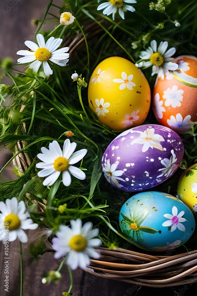 vibrant colored Easter eggs in a wicker basket vibrant colored Easter eggs in a wicker basket