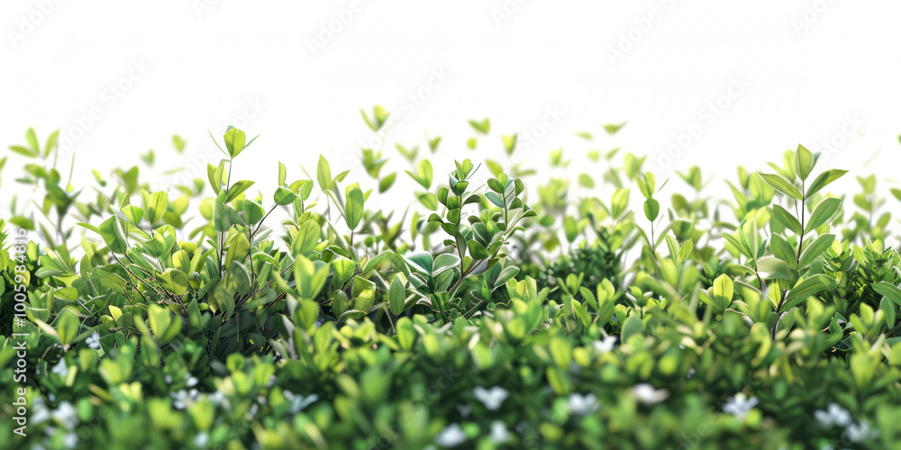 Close-up of green bushes, highlighting the variety of their leaves and flowers against a white background. Close-up of green bushes, highlighting the variety of their leaves and flowers against a white background.