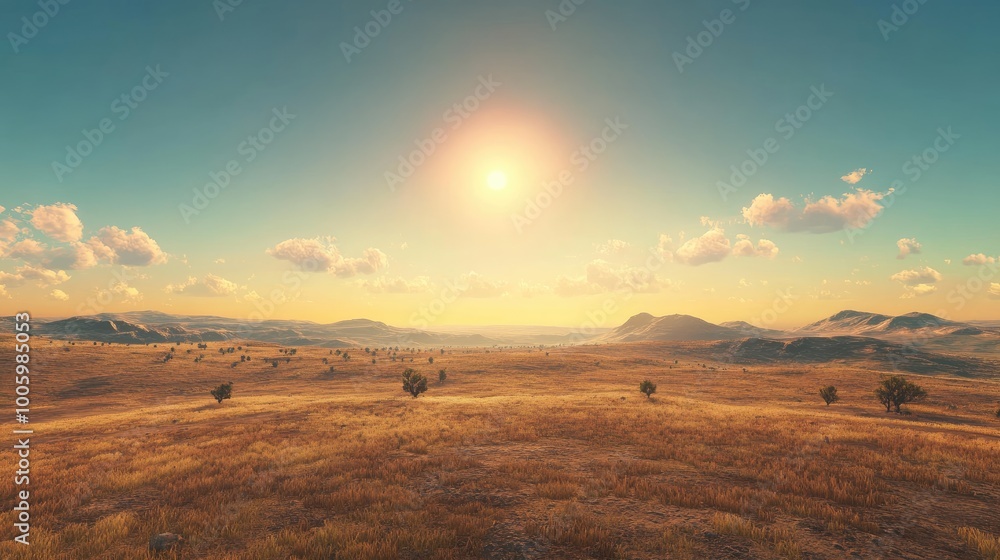 Obraz premium A panoramic view of an endless plain, with sparse trees dotting the landscape and the sun high in the sky.
