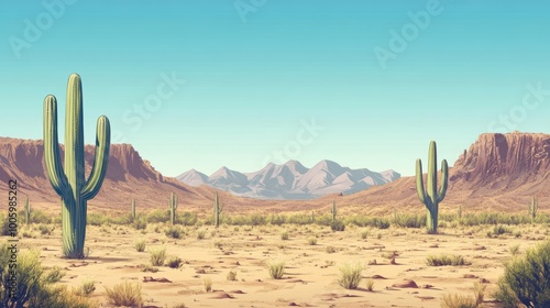 Serene Desert Landscape with Cacti and Mountains