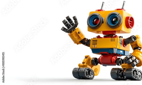 Cheerful 3D Robot Waving, a vibrant and friendly robotic character in bold primary colors, exuding joy and playfulness in a lively setting.