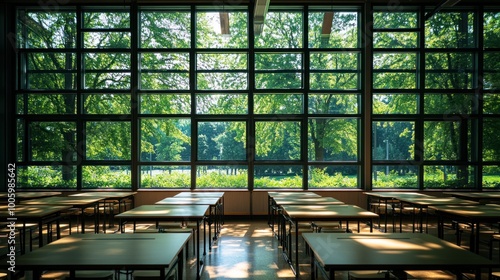 A spacious classroom with tables facing large windows showcasing lush greenery outside.