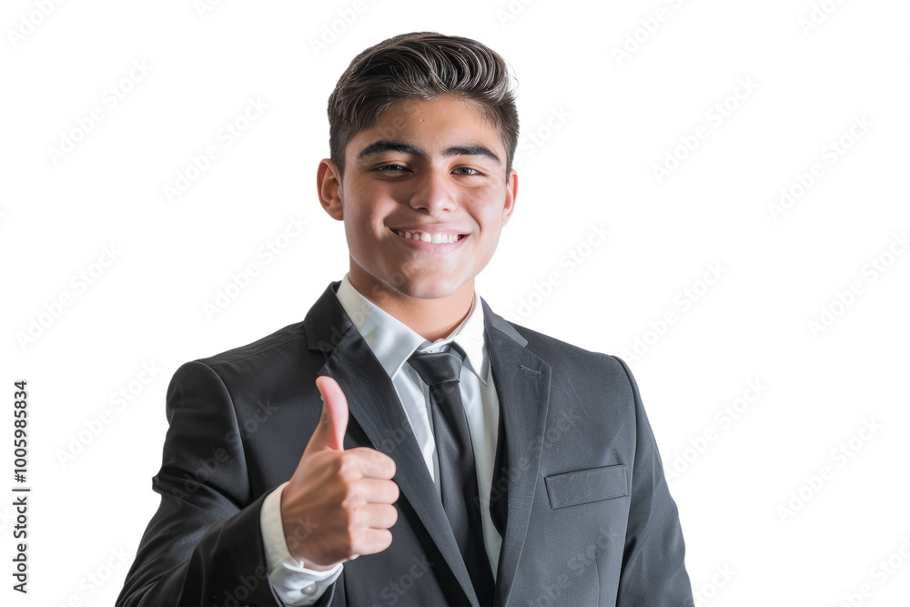 A young Hispanic businessman in a stylish suit, giving a thumbs up, white background.