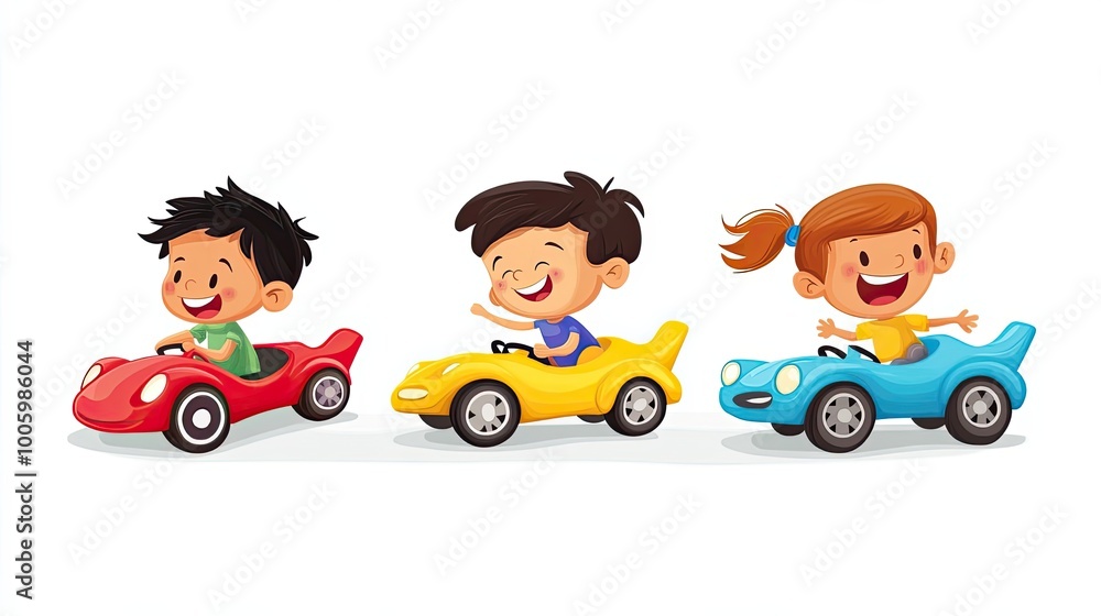 Three Children Driving Toy Cars With Big Smiles Three Children Driving Toy Cars With Big Smiles
