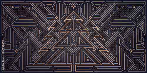Vector line art deco card, gold luxury Christmas ornament. Linear elegant illustration, greeting geometric background