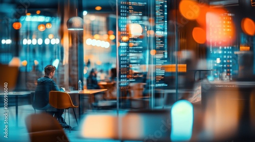 Wallpaper Mural A person sitting in a modern café, surrounded by digital displays and ambient lighting. Torontodigital.ca