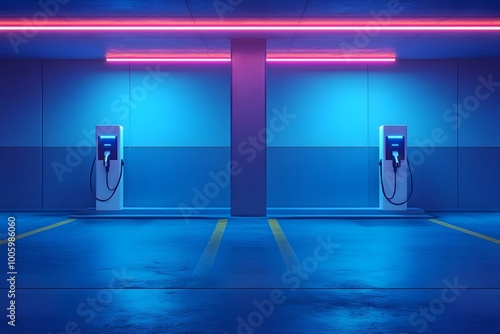 Futuristic Electric Vehicle Charging Station in Sleek Blue and Neon Lighting photo