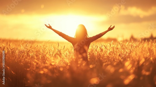 A happy woman raising her arms in a rural field during sunset, golden light illuminating her figure, soft background,  ideal for themes of joy, praise, and connection with nature.