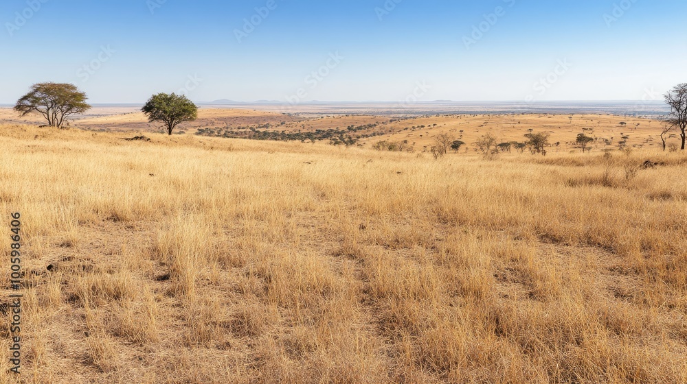 A panoramic view of the savannah during the dry season, with yellow-brown grasses and patches of bare earth stretching toward the horizon. A panoramic view of the savannah during the dry season, with yellow-brown grasses and patches of bare earth stretching toward the horizon.
