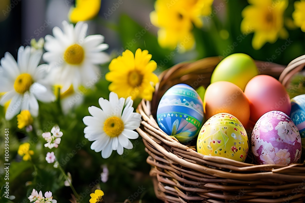 vibrant colored Easter eggs in a wicker basket vibrant colored Easter eggs in a wicker basket